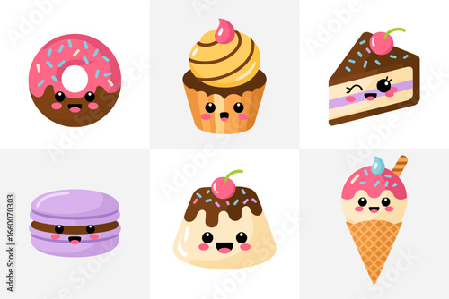 Cute sweets collection vector, donut cupcake macaron ice cream, kawaii dessert icons, bakery theme, pastel palette, white background, kids stickers, party decorations, adorable illustration, set