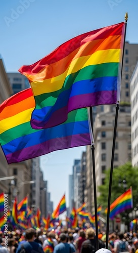 Rainbow flags waving in celebration of pride