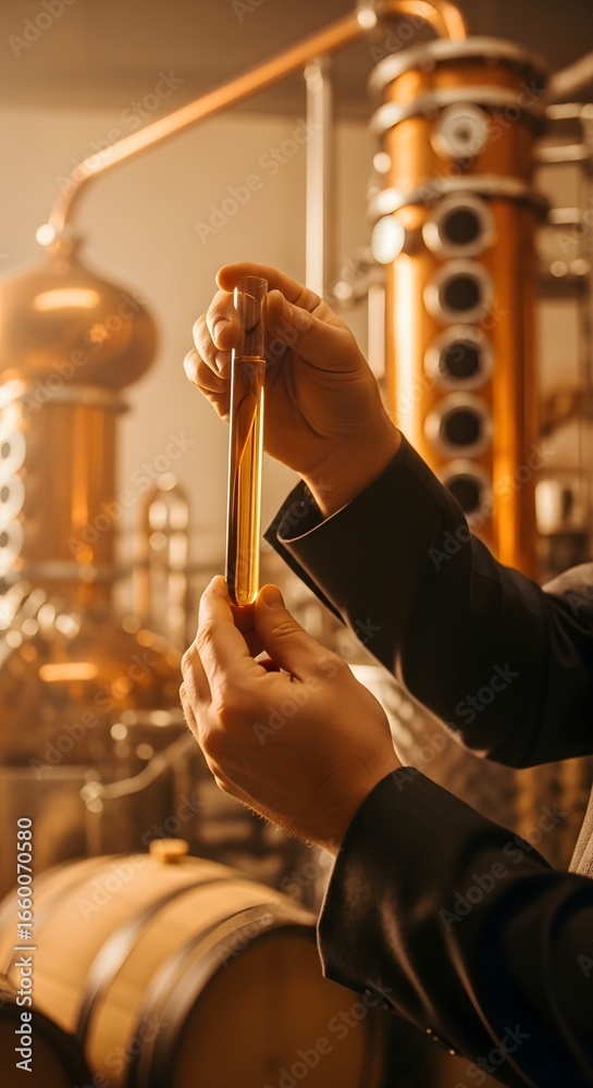 Distillery worker examining a sample of distilled liquid Distillery worker examining a sample of distilled liquid