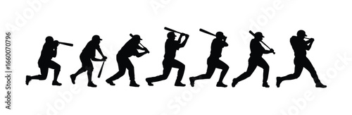 Silhouettes of six baseball players showing swing progression—from crouch to follow-through—illustrating batting technique and motion