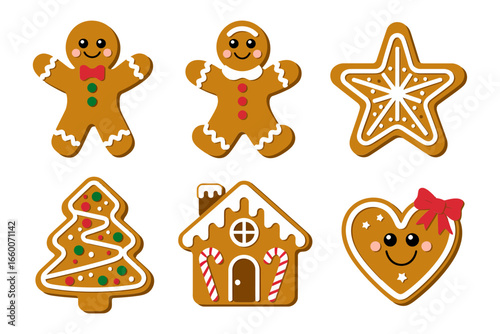 Gingerbread shapes pack, man star tree house heart, classic holiday cookies, warm brown icing outline, Christmas baking vector, cute dessert clipart, family kitchen theme