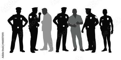 Silhouettes of police officers and civilians in varied interaction poses—illustrating law enforcement, public engagement, and community roles