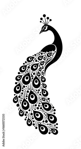 Elegant Black & White Peacock Silhouette with Intricate Feather Details and Crown, Stylized Ornamental Bird Art, Decorative Wildlife Illustration