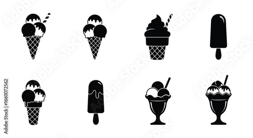 Black and white illustrations of various ice cream treats and desserts