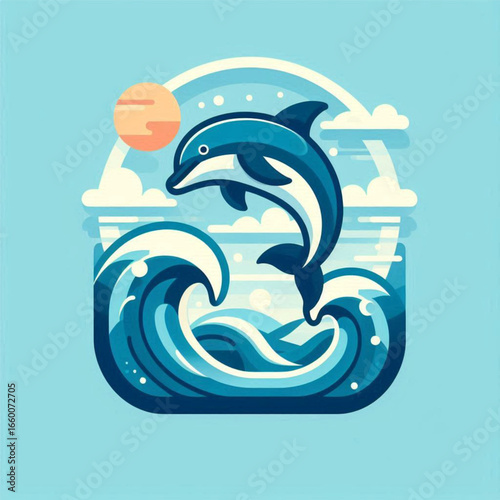 A playful dolphin leaps from vibrant waves under a bright sun, capturing a serene ocean scene