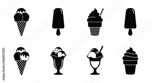 Collection of various ice cream and frozen treat icons in black silhouette