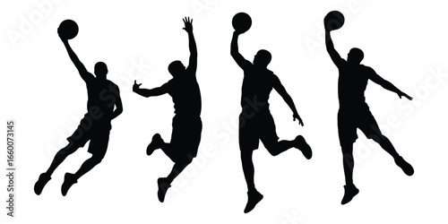 Silhouettes of four basketball players performing slam dunks with orange ball—capturing airborne motion, athletic skill, and dynamic energy