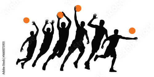 Sequence of six basketball jump shot silhouettes with orange ball trajectory, illustrating athletic motion, technique, and sports dynamics