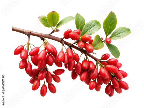 Fototapeta Naklejka Na Ścianę i Meble -  Branch full of vibrant red barberry fruits with fresh green leaves isolated