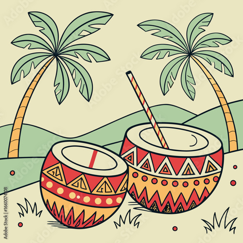 Colourful Vector Coconut Illustration with Tribal Patterns on Tropical Background