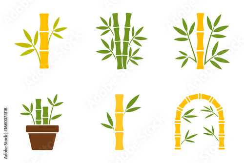 Bamboo plant bundle, vertical stalk clusters, leaf branches, potted indoor accent, garden vibe, flat vector clipart, isolated white background, decorative elements, eco friendly design assets