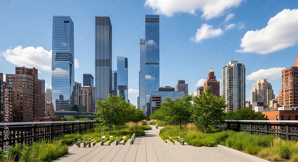 Obraz premium Scenic urban landscape showcasing modern skyscrapers and lush greenery in cityscape