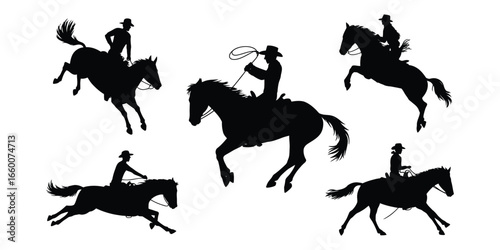 Silhouettes of five cowboys on horseback in dynamic poses with lassos, showcasing Western action, rodeo spirit, and frontier adventure
