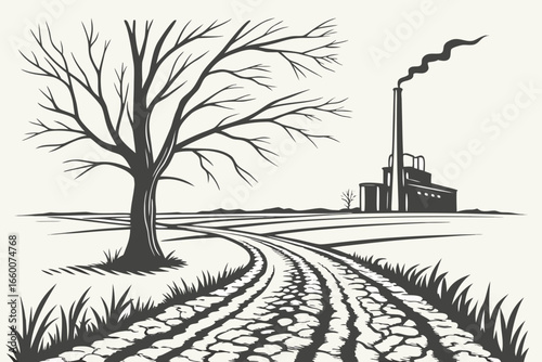 Vector illustration of barren tree and smoking factory symbolizing pollution