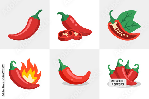 Chili pepper flames set, hot pepper with fire, spicy food icons, red green peppers, vector illustration