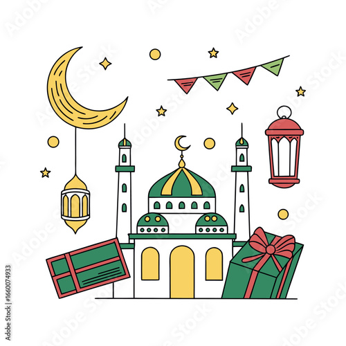 Abstract logo design for Eid al-Adha, featuring stylized crescent moon, star, and figures.