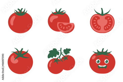 Tomato icons set, whole and sliced, fresh red tomatoes, cooking ingredient vector, kitchen clipart