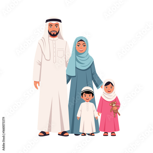 A cartoon vector illustration of a happy Arabian family standing together. The father, mother, son, and daughter are smiling and dressed in traditional attire. Vector illustration.