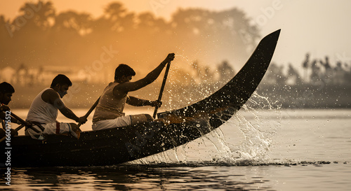 Snake boat race onam festival Kerala backwater water sport team sunset tradition culture competition man action silhouette India