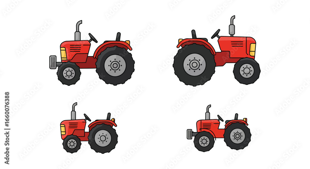 Fototapeta premium Four red tractors in different angles on a white background