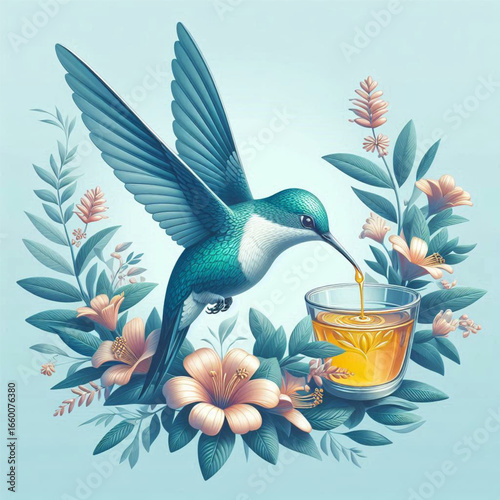 A vibrant hummingbird sipping nectar from a glass surrounded by colorful flowers in a serene setting
