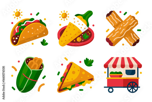 Mexican street food set, tacos burrito wrap quesadilla, food truck cart, spicy snack icons, colorful vector clipart, restaurant menu elements, isolated collection