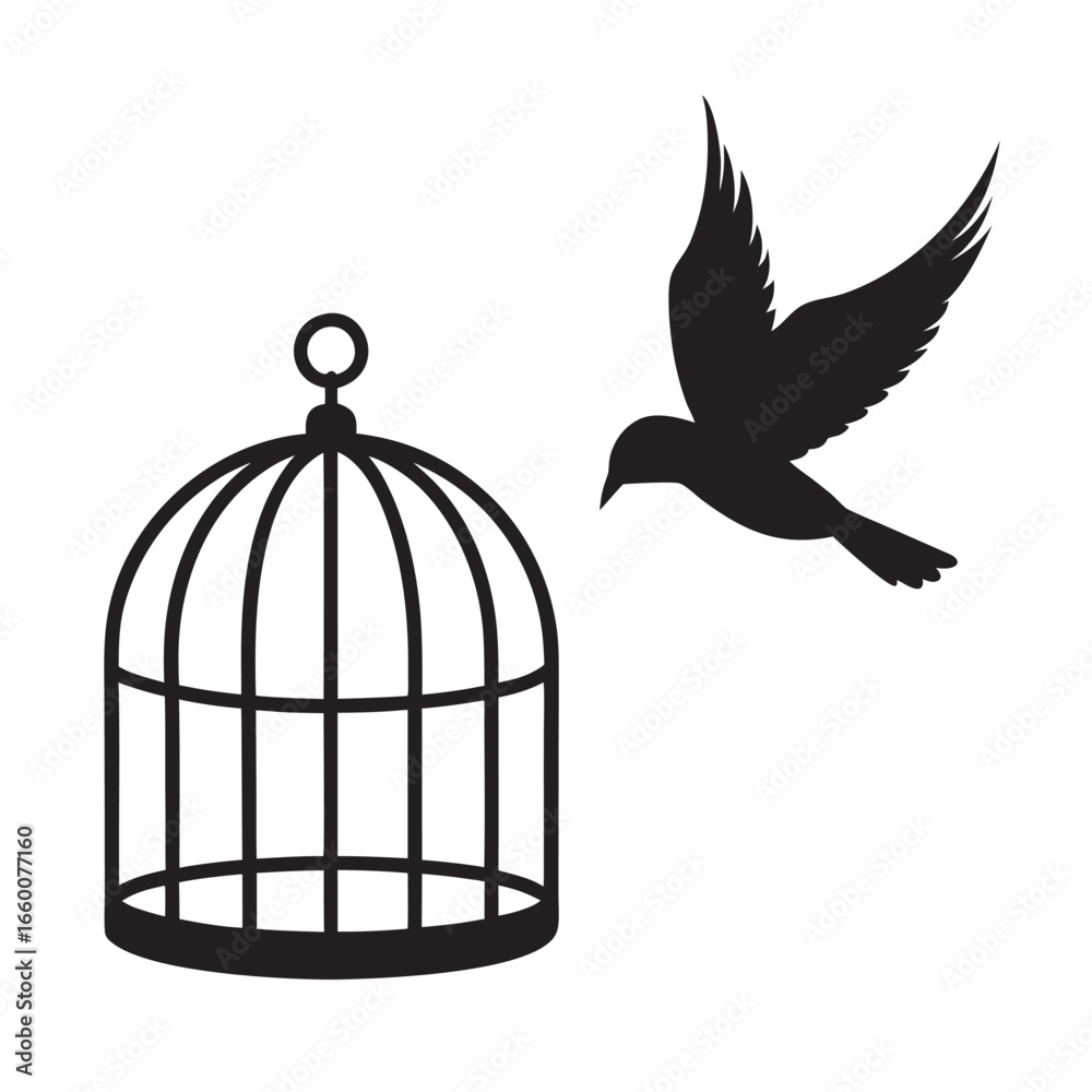 Fototapeta premium Bird Flying Out From Cage Silhouette Vector Design