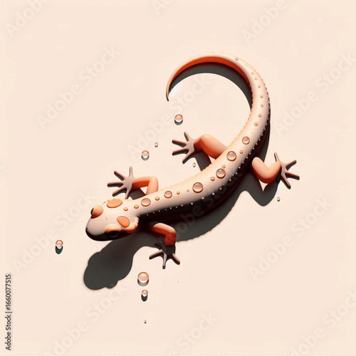 A vibrant, stylized salamander resting on a smooth surface with water droplets glistening