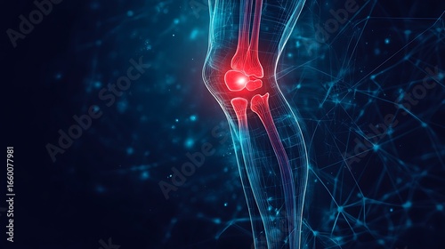 Knee joint pain concept, red glowing knee bone in transparent leg