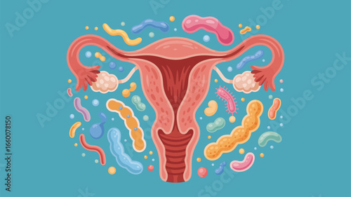 Illustration of female reproductive system with surrounding microbes, symbolizing microbiome science, reproductive health, and immunity