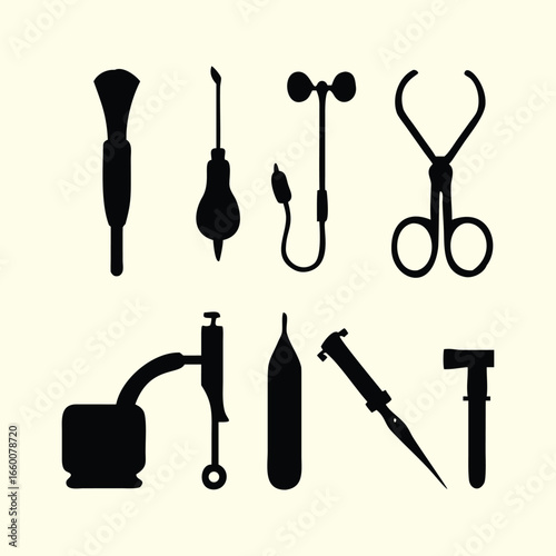 Collection of medical instruments silhouette isolated on white background
