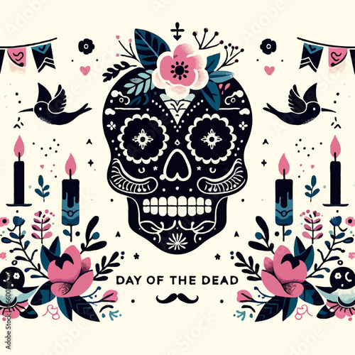 Day of the Dead Invitation Card Illustration Party Invite event Template Frame festival, sugar skull, Celebration Ads Flyer Design, Dia de los Muertos
