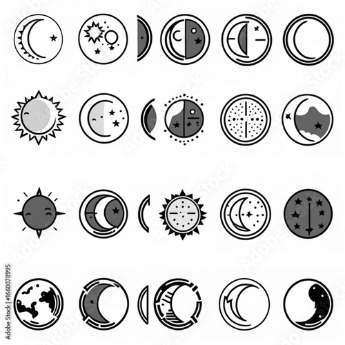 Sun and Moon Icon Collection in Line Art