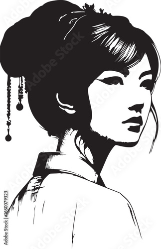A black and white illustration depicts a woman with an elegant 1800s chinese fashion woman and traditional Asian-inspired clothing, her face subtly turned away from the viewer