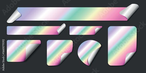 Set of Holographic Gradient Stickers with curled corners. Blank adhesive labels in various shapes. Rectangle, Square, Circle and Banner. Realistic colorful Vector Illustration on purple background.