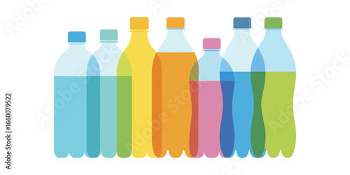 Illustration of eight plastic bottles with colorful liquids and caps, symbolizing beverage packaging, product diversity, and visual branding