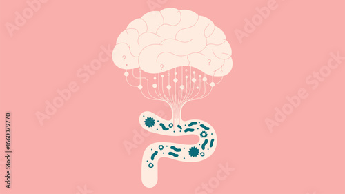 Stylized illustration of brain connected to intestines with microbiota, symbolizing gut-brain axis, mental health, and digestive science