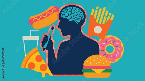 Illustration of person with brain holding fork and knife surrounded by fast food, symbolizing eating behavior, cravings, and mental health