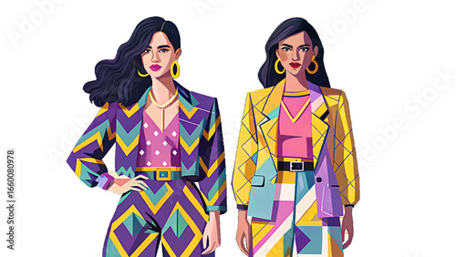 Stylish woman wearing a bold pink and yellow geometric outfit, modern fashion design, trendy streetwear concept, perfect for editorial, fashion blogs, or branding visuals.