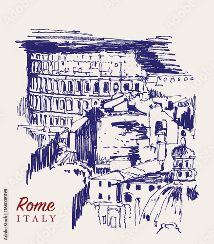 Drawing sketch illustration of Rome and the Colosseum