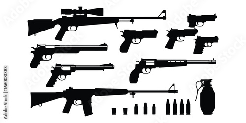 Silhouette illustration of various firearms, revolvers, bullets, and grenade, symbolizing weapon types, military gear, and tactical equipment