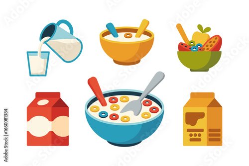 Breakfast mix vector, cereal bowl with milk, spoon jar jug carton, granola and fruit, morning food icons, kitchen clipart