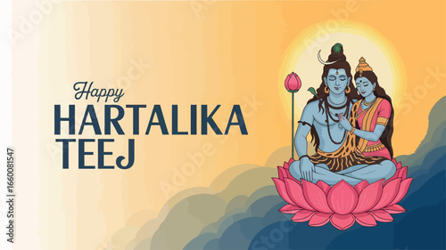 Happy Hartalika Teej with Lord Shiva and Goddess Parvati Illustration