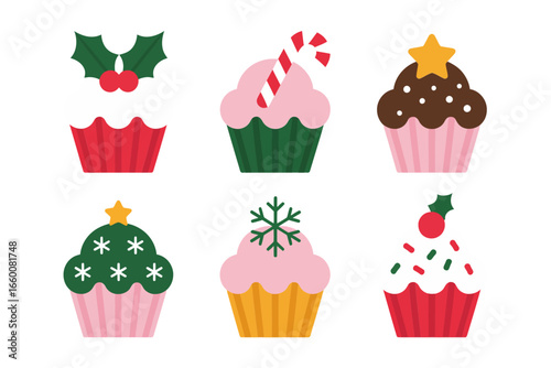 Christmas cupcake icons vector, frosted tops, snowflake sprinkles, holly accents, festive dessert set, holiday bakery clipart