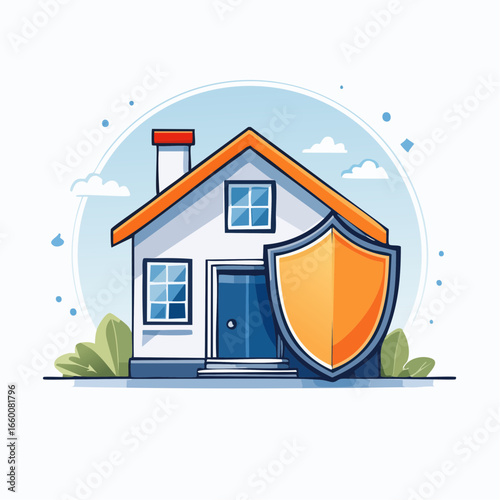 Cartoon House With Protective Shield Graphic Illustration