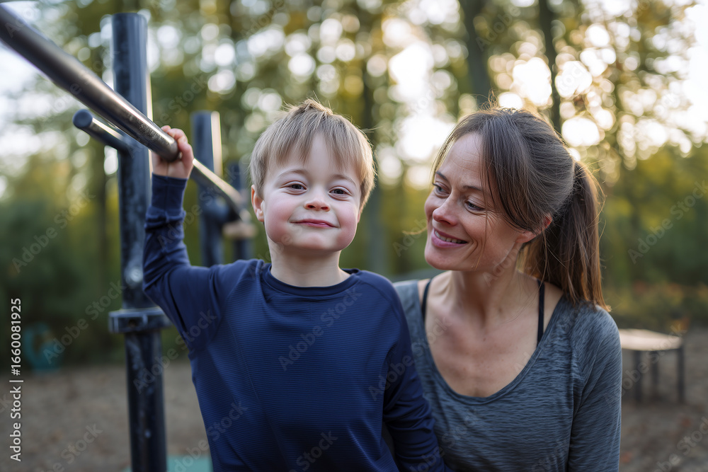 Obraz premium A young boy and his mother are standing next to a metal bar
