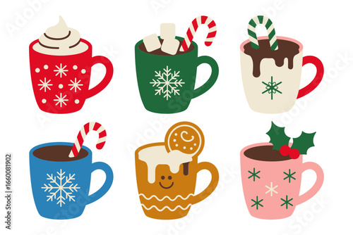 Holiday drink mugs vector, hot chocolate and coffee, whipped cream, ginger cookie, snowflake mug, winter beverage icons