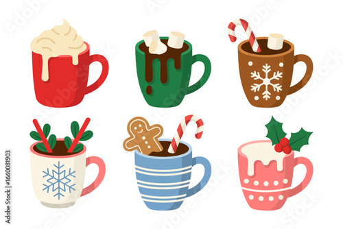 Winter mugs vector, hot cocoa and latte, whipped cream topping, candy cane, holiday drink icons, cozy beverage illustration