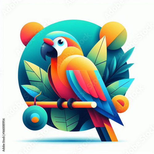 Colorful stylized parrot perched on a branch surrounded by vibrant foliage and geometric shapes