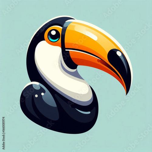 Colorful toucan illustration with a vibrant beak against a soft blue background